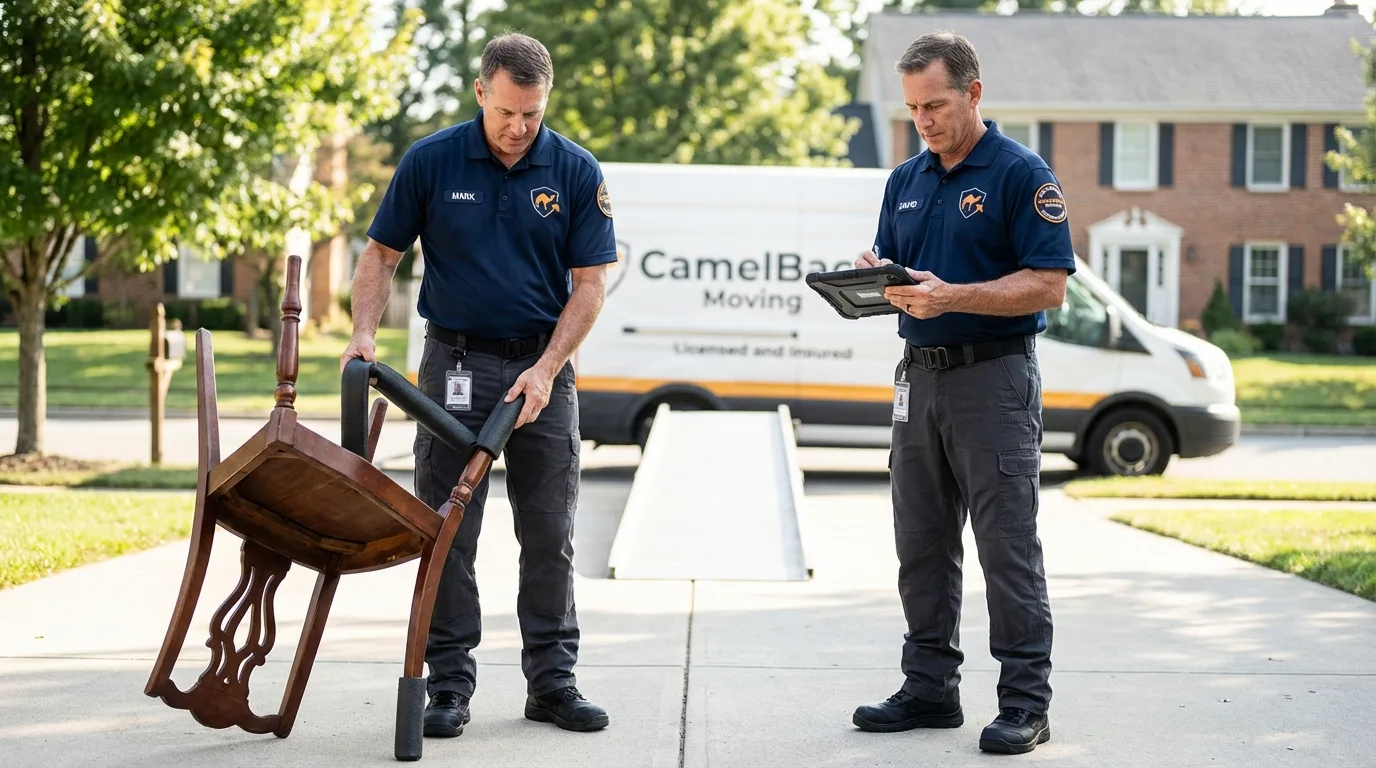 Movers inspecting furniture for damage prevention before loading in Silverton, CO