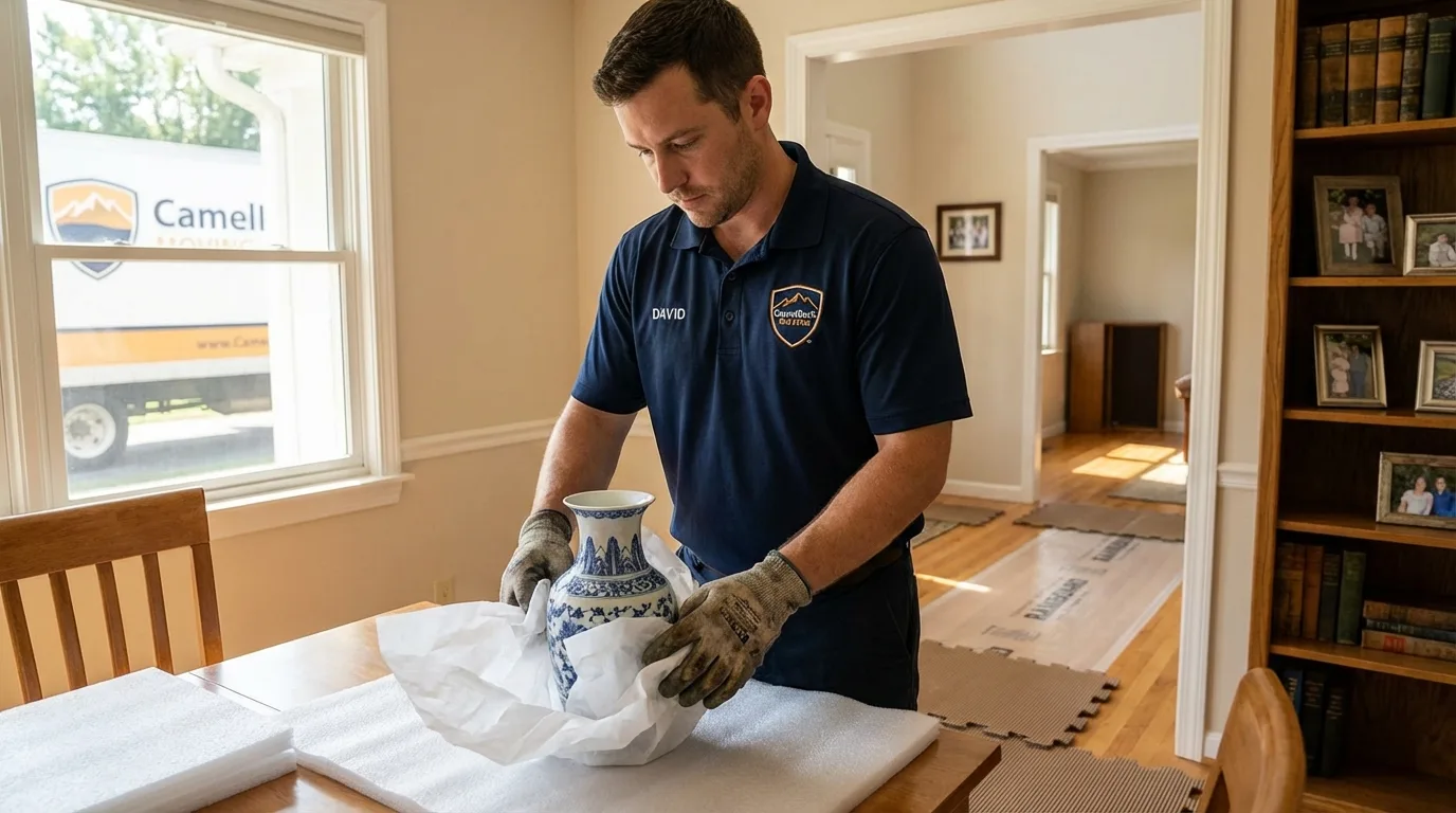 Professional crew carefully wrapping antique vase for senior downsizing move in Silverton, CO